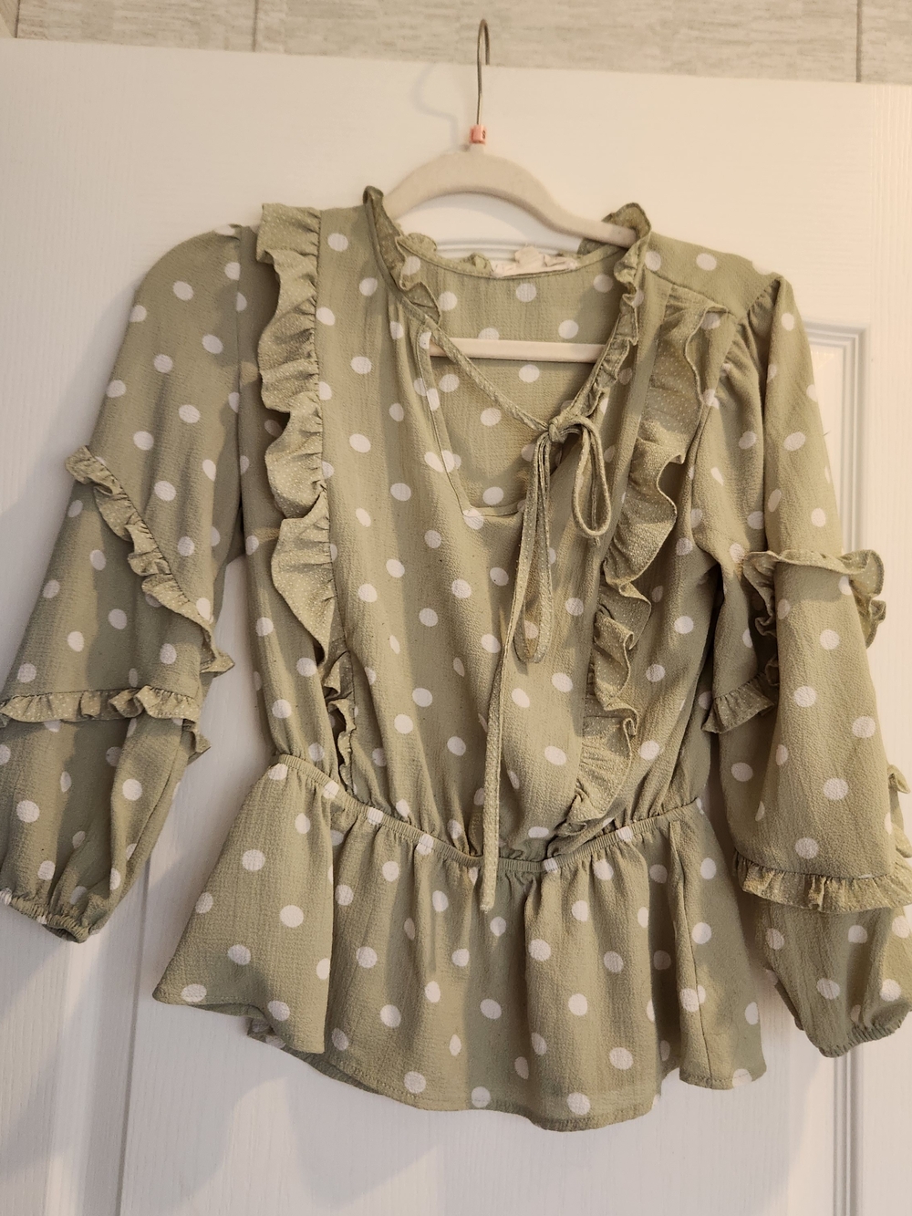 Sweet Wanderer Sage Green Polka Dot Ruffle Peplum Blouse S Euc